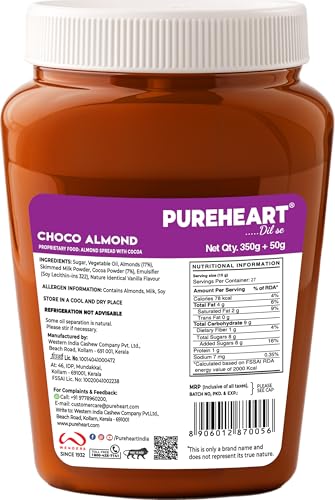 Image of PUREHEART Choco Almond Nut Spread (350 +50 gm Extra) | Nutty, Smooth and Creamy Chocolate Almond Spread for Breakfast - No. 1 Exporter of Roasted Nuts