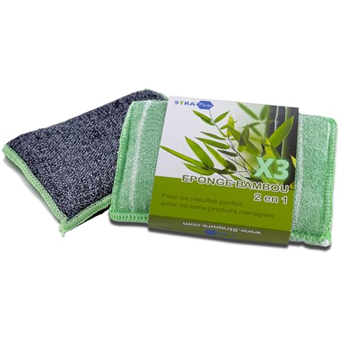 Strapure Éponge en Microfibre de Bambou x3 - Éponge Réutilisable et Durable, ne Laisse Pas de Traces, Lavable en Machine - Lavette Double-Face, Face Grattante Graisse Tenace - 14x10cm, Pack de 3