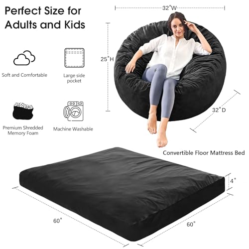 Bean Bag Chairs for Teens - Bean Bag Chair Convertible Bean Bag Bed - Small Beanbag Chair with Micro Fiber Cover/Furniture Foam Filler - Bean Bag Couch Sofa in Bedroom Dorm Room - Youth Carbon Black