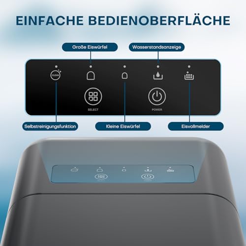 QEXREED Eiswürfelmaschine Klein, Eiswürfelbereiter Ice Cube Maker, 9 Würfel in 6 Minuten fertig, Eiswürfelmaschine mit Tragbarem Griff und Korb, 2 Eiswürfel-Größen, 12KG/24H, Selbstreinigendes