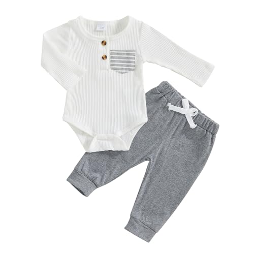 Image of fhutpw Baby Boy Clothes 3 6 12 18 Months Ribbed Knitted Long Sleeve Romper and Pants Sets Newborn Fall Splicing Color Outfits