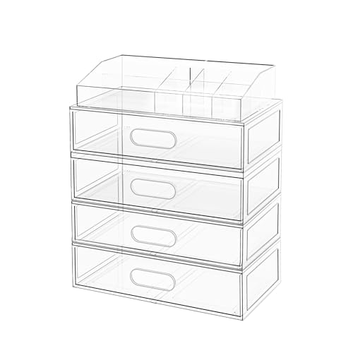 Clear Stackable Makeup Organizer with Drawer, 12''W Acrylic Storage Drawers, Cosmetic Display Case for Vanity Bathroom Countertop, Beauty Holder for Lipstick Brush Skincare Perfume (5 Pack)