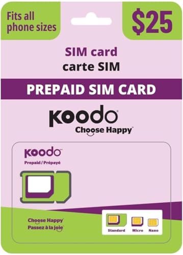 Koodo Mobile 4G LTE Prepaid 25$ SIM Card Starter Kit - Unlimited Talk Canada + 10 GB (4G Network) | 1 Month Prepaid Service Incl. | Pay as You go | Canada |