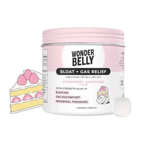 Wonderbelly Bloat + Gas Relief Extra Strength Chewable Tablets with 125 mg Simethicone No Talc or Dye Strawberry Shortcake 35 Count