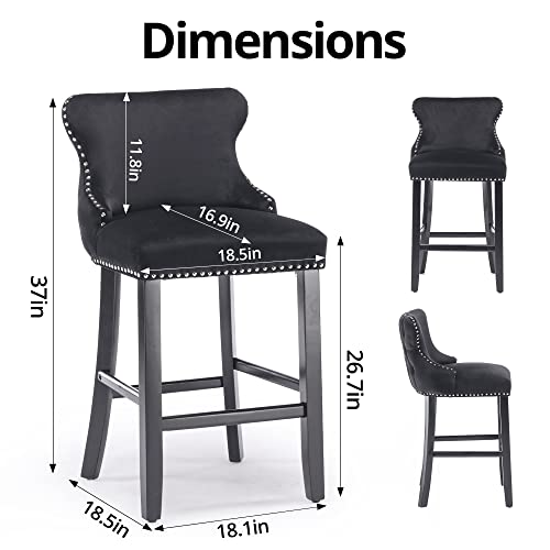 I-Pook Counter Height Bar Stools Set Of 2, Velvet Upholstered Barstools With Solid Wood Legs, Button Tufted And Nailheads Trim, Wing-Back Bar Chairs For Kitchen Island Dining Room Pub, Black #TOP1