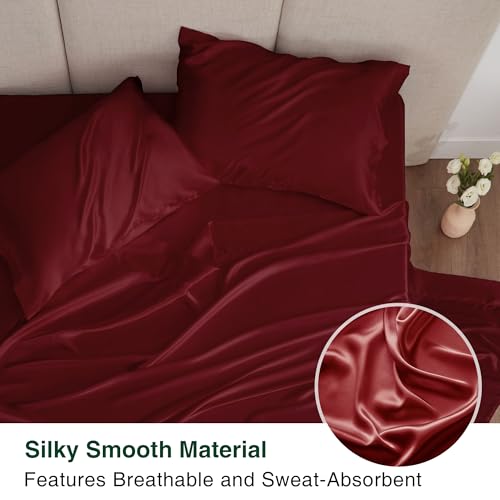 Love's cabin Satin Queen Sheets Set - 4 Piece Burgundy Silky Bed Sheets with Deep Pocket, Luxury Silk Feel Satin Queen Size Sheet Set (1 Flat Sheet,1 Fitted Sheet,2 Pillow Cases)