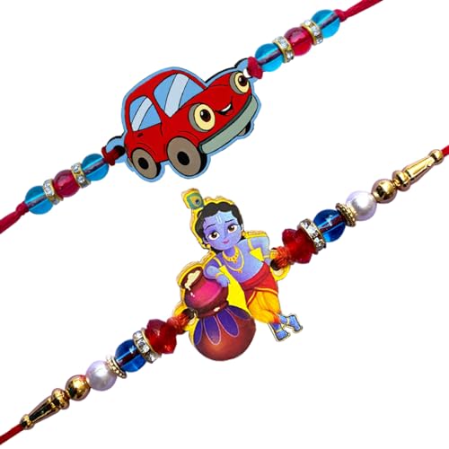 Image of Cartoon Kanha Bal Krishna and Car Rakhi for Baby /Kids Brother /Sister | Combo for Kids | Rakhi with Greeting Card & Roli Chawal