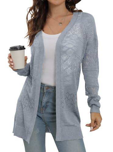 Image of GRECERELLE Lightweight Cardigan Sweaters for Women Crochet Knit Open Front Long Sleeve Loose Casual Boho Summer Beach Coverup