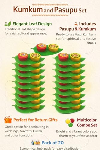 Image of Sainik's Haldi Kumkum Set with Leaf Shape Tray, Multicolor, Pasupu Kumkum Return Gift for Weddings and Festivals, Pack of 20