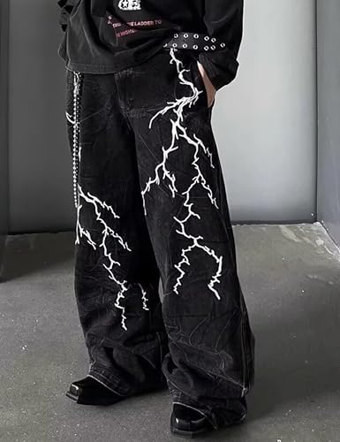 Denim Wide Leg Jeans Men Grunge Pants Straight Leg Oversized Jeans Vintage Hip Hop Lightning Graphic Pants3