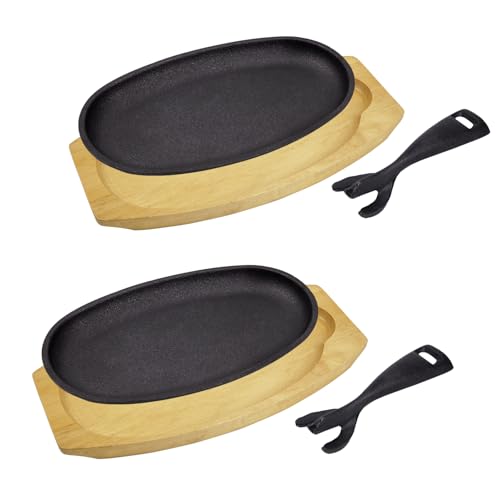 Comparison: Best Cast Iron Skillet Plate 9 DVK 2 Set Cast Iron Skillet Sizzling Plate With Wooden Base Fajita Skillet With Removable Handle For Home Barbeque Kitchen Service