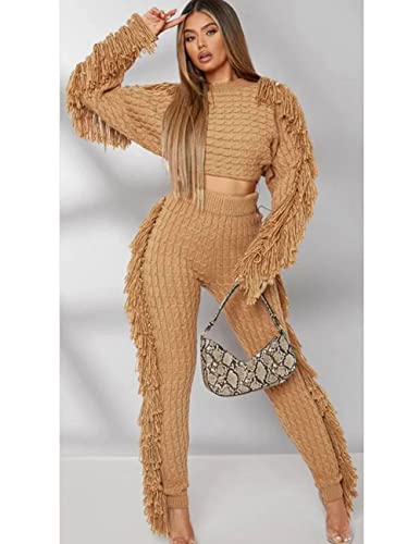 Image of KANSOON 2 Piece Sweater Set for Women Cable Knit Fringe Crop Top and Pants | Cozy feel, ribbed high waist, comfortable stretch fit for birthday and chilly going-out outfits