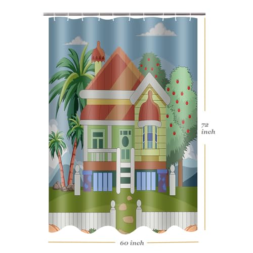 Image of Blue Theme Cartoon House Palm Tree 60x72 Shower Curtain with Hooks | Cartoon House Palm Tree Print On Blue Backdrop, Polyester Curtain With Grommets Hooks For Bathroom Bathtub Decoration