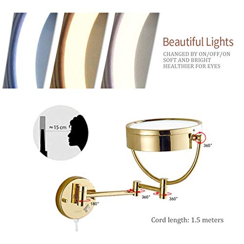 Miroir maquillage éclairé LED mural extensible doré double face 3x 7x