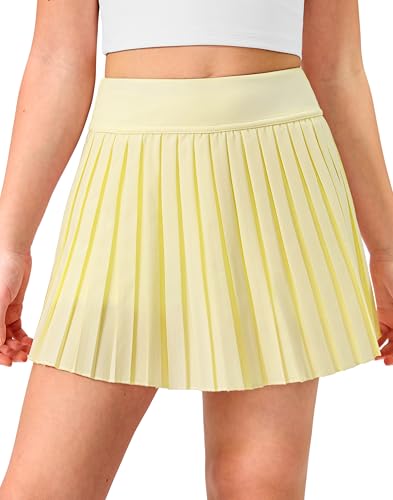 Lollgirl Girls Tennis Skirt with Shorts Pleated Athletic Skort with Pockets for Golf Running & School Uniform Skirt (Light Yellow 10-11 Years)