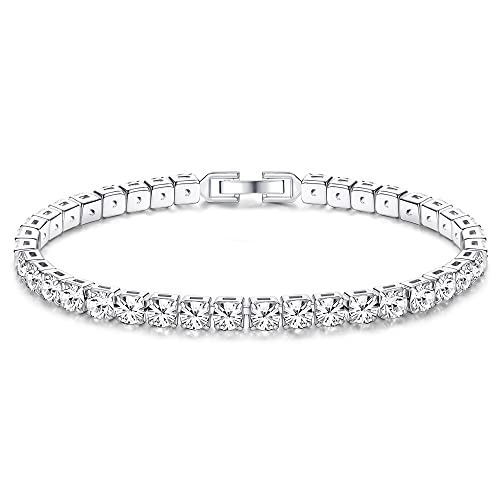 JeweBella Bracelet Femme Argent avec Zircone Cubique Cristal Iced Out Bracelet Tennis Brillant Argent Bracelets Amitié Cadeau pour l'anniversaire de Noël Saint Valentin Bracelet Femme Filles 17/19CM