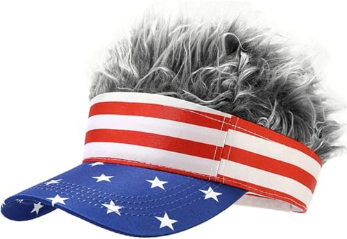 YeeHeen - YeeHeen Mens Visor Cap Wig Spiked Adjustable Baseball Cap Golf Hats American Flag + Gray Hair
