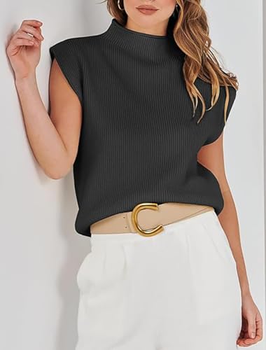 Image of Womens Sleeveless Sweater Vest Mock Neck Tank Tops Casual Cap Sleeve Knit Pullover Summer Clothes
