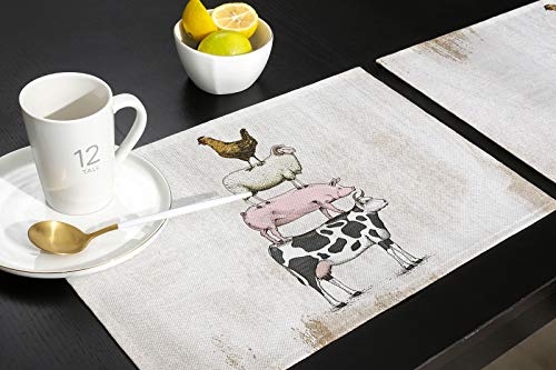 Greeeen Placemats Set Of 6 Farm Funny Animal Theme Milk Cow Pig Sheep Chicken Heat Resistant Place Mat For Dining Table Washable Burlap Cotton Table Mats #TOP4
