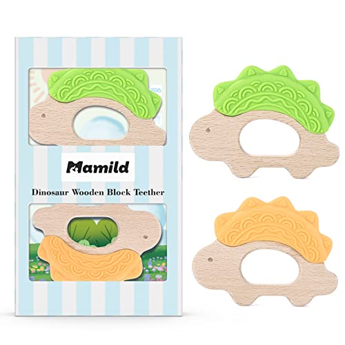 Image of Mamild 2 Pack Baby Teething Toys for Newborn Infants Toddlers, Never Drop Silicone Baby Teething Toy Baby Chew Toys for Sucking Needs (Yellow & Green)