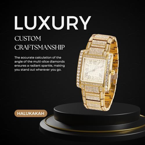 Halukakah Moissanite Diamond Iced Out Watch for Men - Luxury 18k Real Gold Plated,36MM Roman Numerals Square Dial with Calendar,Heavy-Made - 8.5" Length,with Cuban Link Chain 20" - Includes Giftbox - 4