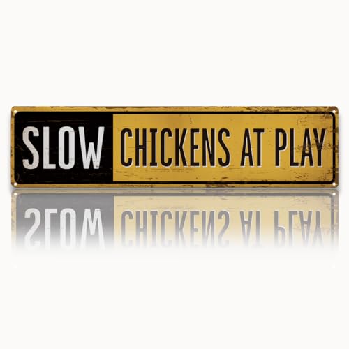 Vintage Metal Tin Farm Warning Sign, Slow Down for Chickens Sign, Outdoor Decorative Signs, Retro Caution Decor for Backyard or Farm, Weather Resistant, Easy Mounting, 15.7 x 3.9 inch