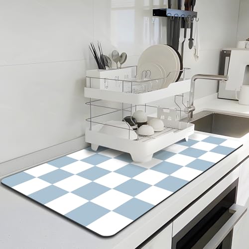 Dish Drying Mat for Kitchen, 16'' x 24'' Checkered Coffee Bar Mat for Countertops, Coffee Station Mat with Non-slip Rubber Backed, Absorbent Dish Dying Pat for Kitchen Counter, Blue & White