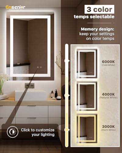 Ensenior LED Bathroom Mirror 30"x 36" with Front and Backlight, Stepless Dimmable Wall Mirrors with Anti-Fog, Shatter-Proof, Memory, 3 Colors, Modern LED Vanity Mirror-FCC