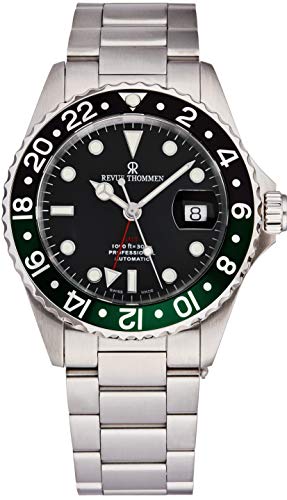 GMT Mens Stainless Steel Professional Automatic Watch - 42mm Analog Black Face with Luminous Hands, Magnified Date and Sapphire Crystal - Swiss Made 2nd Time Zone Watch 17572.2138