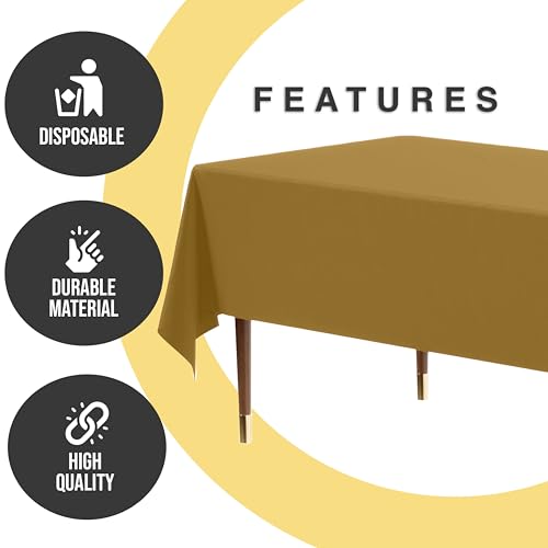 Image of Exquisite Gold Rectangle Tablecloth 54 inchx108 inch - 48 Pack | Plastic Tablecloth, Disposable Table Covers Rectangle for Parties, Weddings, Holidays & Party Supplies