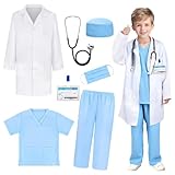 KBIBCK Bata de médico para niños, disfraz de cirujano para niños con abrigo blanco, estetoscopio, capuchas quirúrgicas, juego de batas para niños a partir de 6, 7, 8 años (140 cm)
