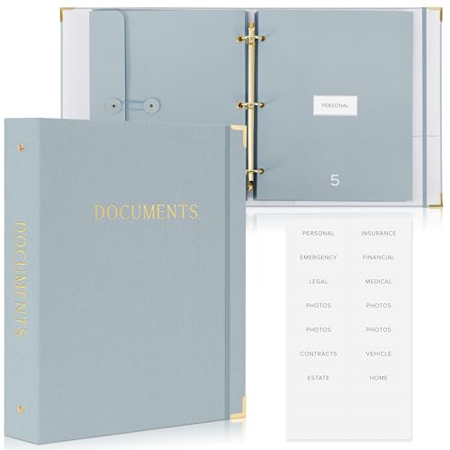Important Document Organizer Set with Folders - Complete Linen Ring Binder Set Safely Stores All Documents & Files in One Place - Easy to Use Expanding Storage Incl. Envelopes, Pockets & Labels