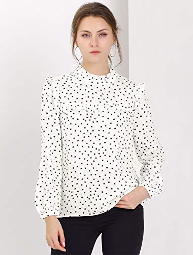 Allegra K Women's Valentine's Day Vintage Ruffle Stand Collar Long Sleeves Polka Dots Blouse Top Small White #TOP2
