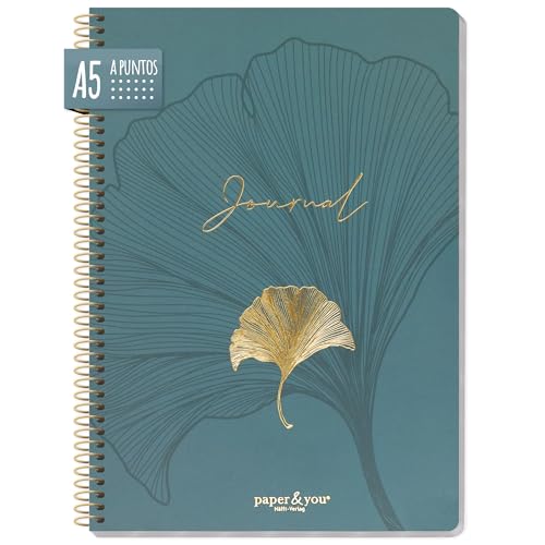 paper&you® Bullet Journal dotted A5 con espiral "Blue Ginkgo", 160 páginas, cuaderno punteado con espiral, cuaderno de espiral, cuaderno de espiral, sostenible y respetuoso con el medio ambiente