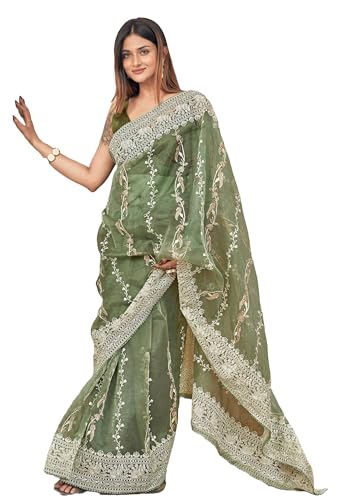 Sari traditionnel en organza pour femme avec coton Lucknowi 12100 vêtement chic
