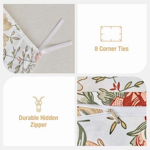 Image of Lekesky Queen Duvet Cover Set, Reversible Vintage Flowers Print Comforter Cover Queen Size 3pc, Soft 100% Washed Microfiber Breathable Bedding Sets with Zipper Ties and 2 Pillowcases