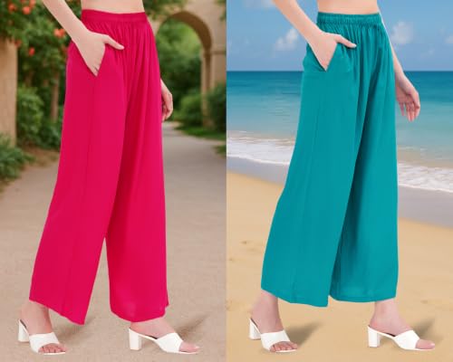 Image of Buy That Trendz Palazzo Pants for Women Rayon Elasticated Regular Fit Flared Wide Leg M to 6XL Pack of 2