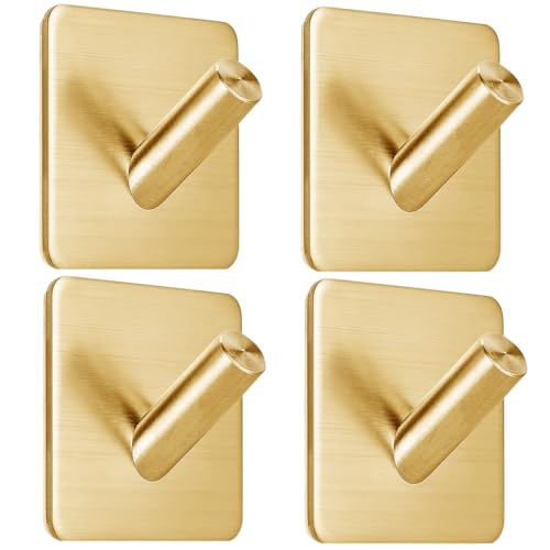 Fotosnow Gold Adhesive Coat Hooks: Anti-Slip 15LB Towel Hooks Locking Curve Stick on-Bathroom Kitchen 4 Packs