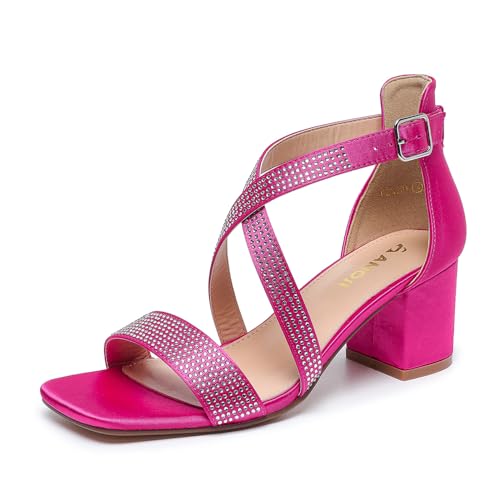 Amoji Women's 2.5 Inch Low Heel Ankle Strap Dressy Sandals 301 9 Cross-rose