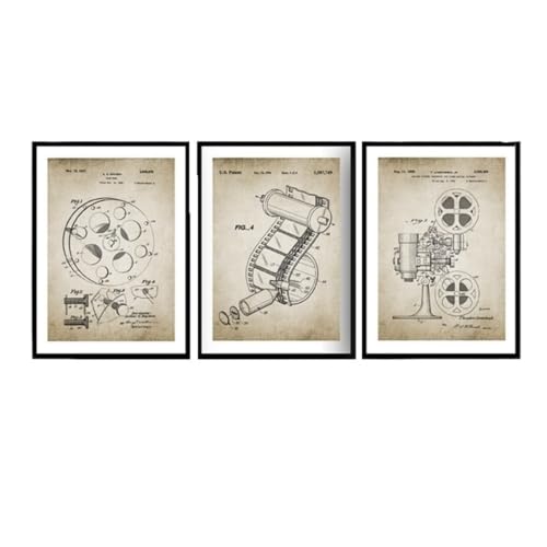 Pósteres en lienzo de cámara antigua y patentes de cine, cuadro vintage de 20x25 cm