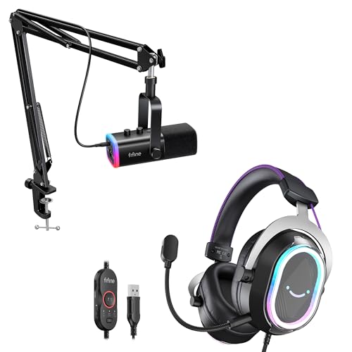 FIFINE Gaming USB/XLR Microphone Set and 7.1 Gaming Wire Headset Bundle,PC Dynamic RGB Mic with Boom Arm for Streaming, Podcast, Recording, USB Headphone with Control Box (AM8T+H13BP)