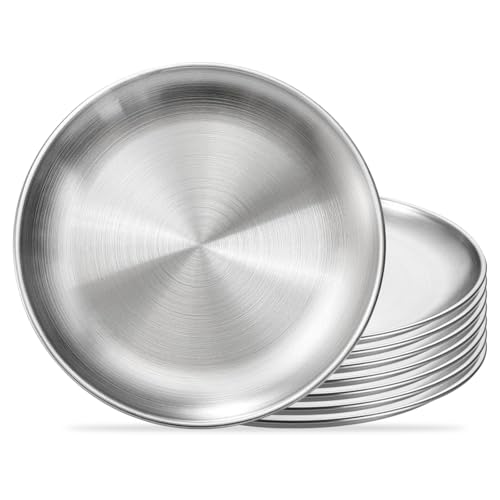 Set di 8 Piatti in Acciaio Inossidabile 20 cm – Piatti Rotondi in Inox Riutilizzabili e Lavabili in Lavastoviglie, Piatto da Portata, Barbecue, Campeggio, Pique-Nique, Cucina e Uso Quotidiano