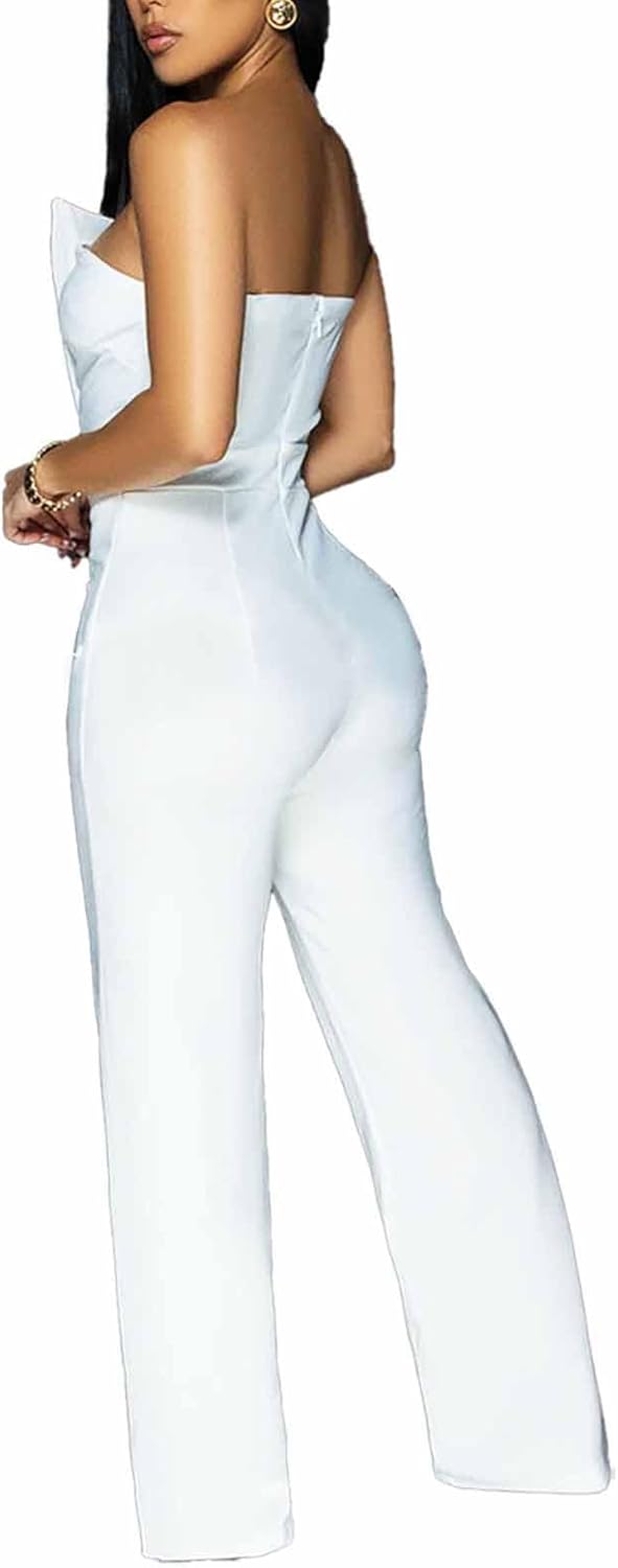Yuopeid Women's Sexy Strapless Off Shoulder Bodycon Tube Top Overalls Jumpsuit Wide Leg Pants Formal Party Rompers - Image 2