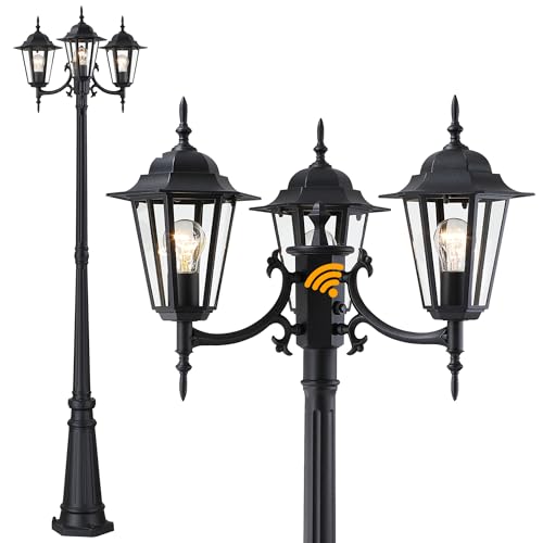 83 Inch 3-Head Lamp Posts Dusk to Dawn Outdoor Lighting 3-Light Hexagon Outdoor Post Light with Dusk to Dawn Sensor 83” Vintage Outside Street Driveway Lights Photocell,Aluminium Alloy,Clear Glass,E26