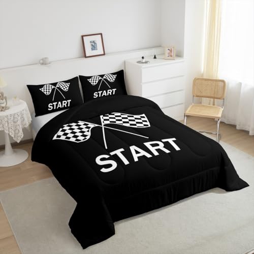 Image of Feelyou Kids Race Sports Flag Bedding Set Full Size, Racing Car Duvet Insert Checkered Flags Comforter Set Boys Girls Teens Bedroom Decor with 2 Pillow Case