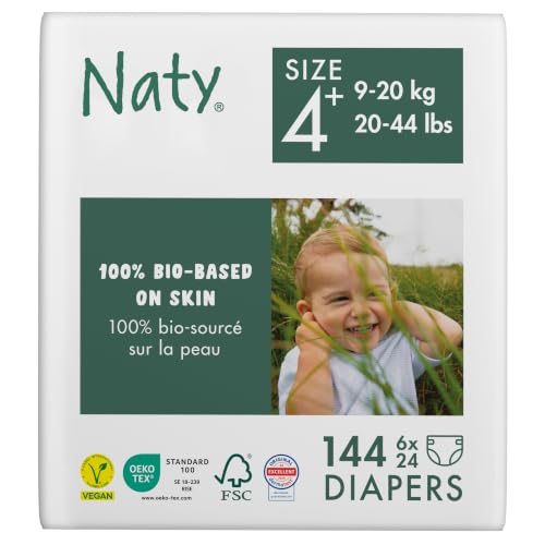 Eco by Naty Premium Bio-Windeln für empfindliche Haut, Größe 4+, 9-20 kg, 6 Packungen à 24 Stück (144 Stück insgesamt), weiß