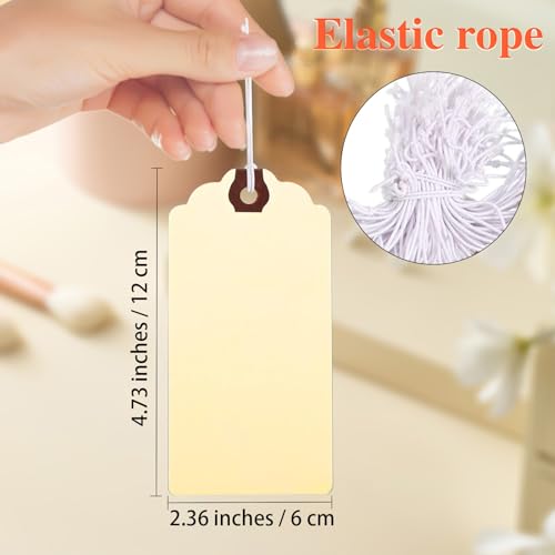 300 Pcs Hang Tags with String Attached, 4 3/4 x 2 3/8 inches Shipping Tags Paper Hanging Tags with Reinforced Hole and Elastic Rope Attached,Writable Price Tags Blank Paper Gift Tags for All Occasions