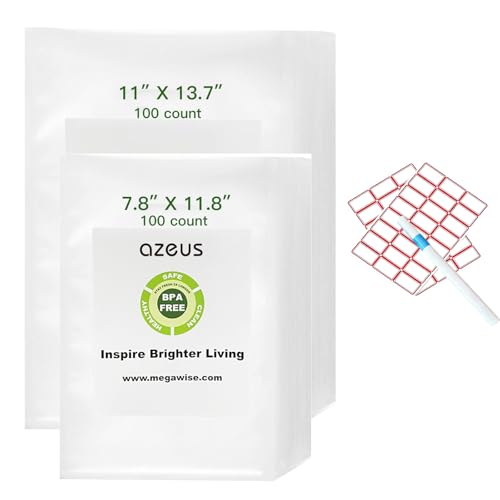 AZEUS Vacuum Sealer Bag Set with Labels & Marker, 200 Bags (100pcs 7.8×11.8in + 100pcs 11×13.7in), BPA-Free Food Storage Bags for All Vacuum Sealers, Ideal for Meal Prep, Freezer Storage & Sous Vide