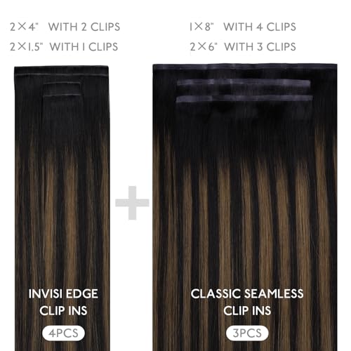 Image of WENNALIFE Invisi Edge & Classic Seamless Clip in Hair Extensions Real Human Hair, 22 Inch 150g 7pcs Balayage Natural Black to Chestnut Brown Hair Extensions for Women Invisible Straight Injection Exte