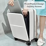 Hanke 20 Inch Carry On Luggage Airline Approved Hard Shell Suitcases with Wheels & Front Pocket TSA Luggage Lighiweight Carry On Suitcase for Travel Rolling Luggage(Grayish White)